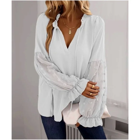 Boho Swiss Dot Sheer Sleeve Ruffle Blouse - Picture 10 of 14